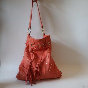 NWD WOMENS BULGA ORANGE LEATHER HOBO FRONT DRAWSTRING SHOULDER HANDBAG *